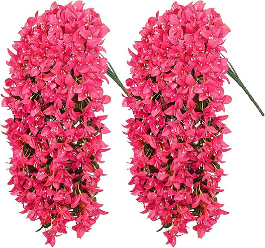 2Pcs UV Resistant Artificial Flowers for Outdoors, Realistic Faux Silk Bougainvillea Flowers, Fake Hanging Plants for Porch Patio Balcony Decoration (Rose Red)