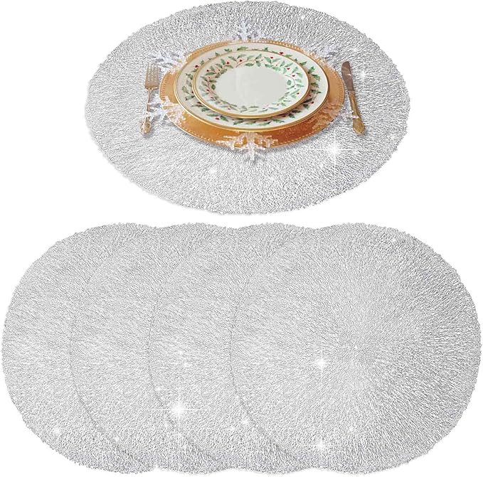 GIVERARE Placemats Set of 4, Round Heat-Resistant Vinyl Placemat, 15 inch Non-Slip Washable PVC Table Mat, Easy to Clean Premium Plastic Mats for Dining, Kitchen Table (Bright Silver)