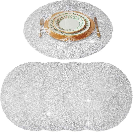 GIVERARE Placemats Set of 4, Round Heat-Resistant Vinyl Placemat, 15 inch Non-Slip Washable PVC Table Mat, Easy to Clean Premium Plastic Mats for Dining, Kitchen Table (Bright Silver)