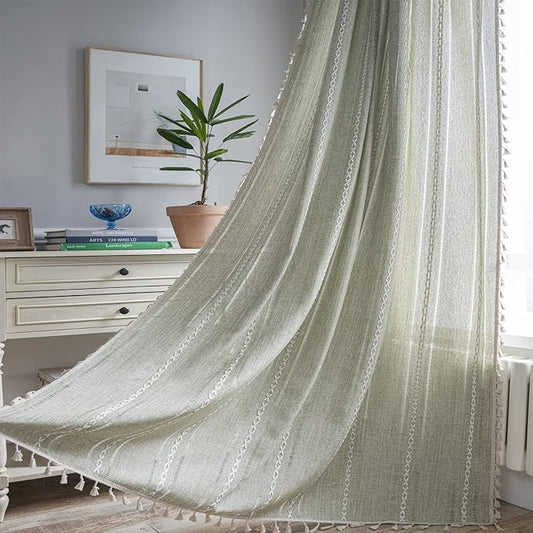 ColorBird Sage Green Boho Curtains for Bedroom 63 inch Length, 2 Panels Farmhouse Linen Curtains Living Room Darkening Drapes, Embroidered Country Window Curtain for Dining Nursery Closet