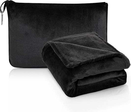 ATsense Travel Blanket Pillow, Premium 2 in 1 Soft Airplane Blanket Compact with Bag Pillowcase, Hand Luggage Sleeve and Backpack Clip - Travel Essentials for Long Trips, Flying and Car, Black