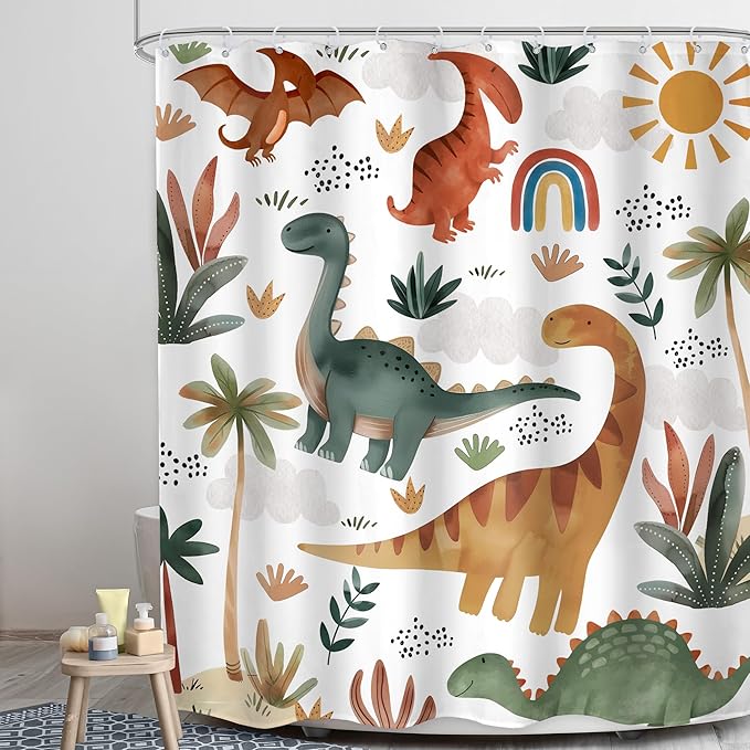 LGhtyro Kids Dinosaur Shower Curtain Bathroom Set 60Wx71H Inches Boys Cartoon Cute Dino Trex Raptor Jungle Animal Rainbow Sun Bath Accessories Watercolor Tree Plant Art Home Decor Fabric 12 Pack Hooks