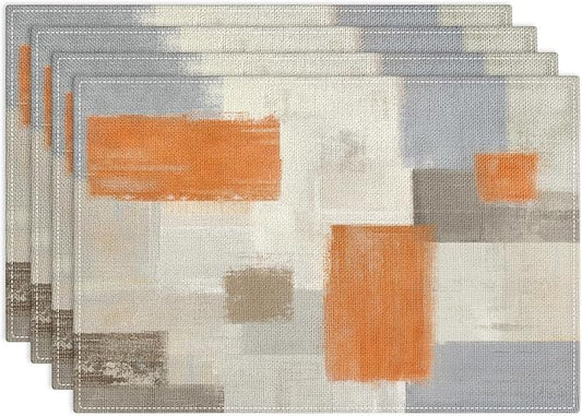 Emvency Farmhouse Placemats Set of 4, Vintage Orange and Grey Art Painting 12x18 Inch Abstract BeigeTable Mats for Outdoor Home Party Kitchen Dining Decoration
