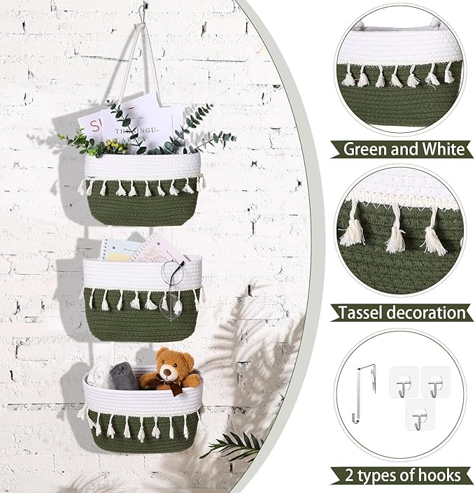 Over The Door Hanging Basket Boho Woven Wall Hanging Baskets 3-Tier Cotton Wall Mounted Storage Organizer Bag Macrame Decorative Hanging Baskets for Kitchen Laundry Room Stairs(White, Green)