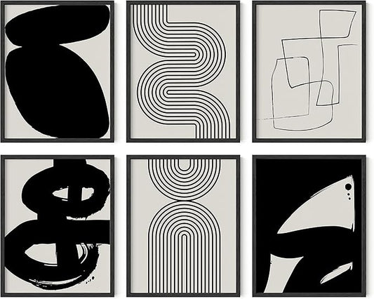 HAUS AND HUES Black Abstract Painting Aesthetic Wall Art- Set of 6 Modern Abstract Wall Art, Black and Gray One Line Abstract Art, Geometric Print Wall Art, Minimalist Wall Art (Black Frame, 11x14)