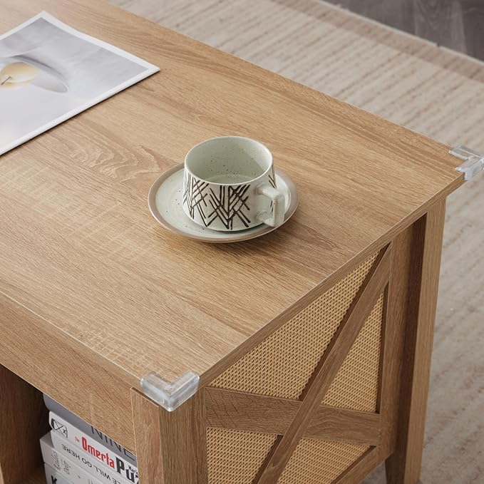 VINGLI Lift Top Coffee Table, Oak Top with Rattan Frame, Farmhouse Cross-Sided Design, with Storage Shelf/Hidden Compartment, Gas Lift Mesa De Centro para Sala Pop Up Coffee Table