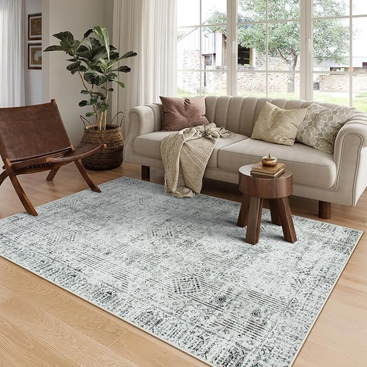 Lahome Mid Century Modern Rug for Office 5x7, Washable Grey Rugs for Living Room, Soft Neutral Dorm Room Rug for Bedroom Aesthetic, Rubber Backed Non-Slip Carpet for Dining Room