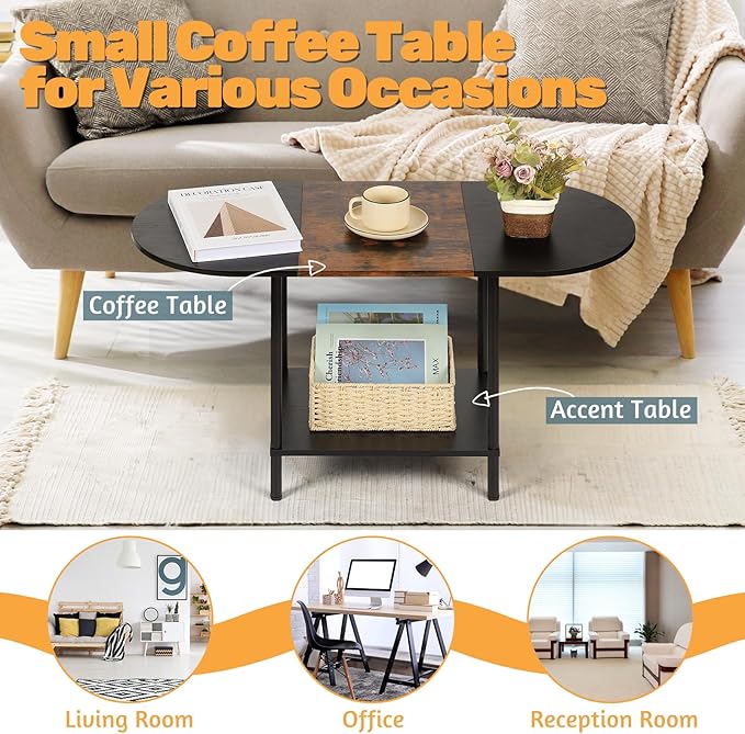 Coffee Tables for Living Room,2-Tier Small Oval Center Table Industrial Modern Style Coffee Tables with Storage Shelf and Wood Tabletop for Small Space,Home Office,Brown & Black