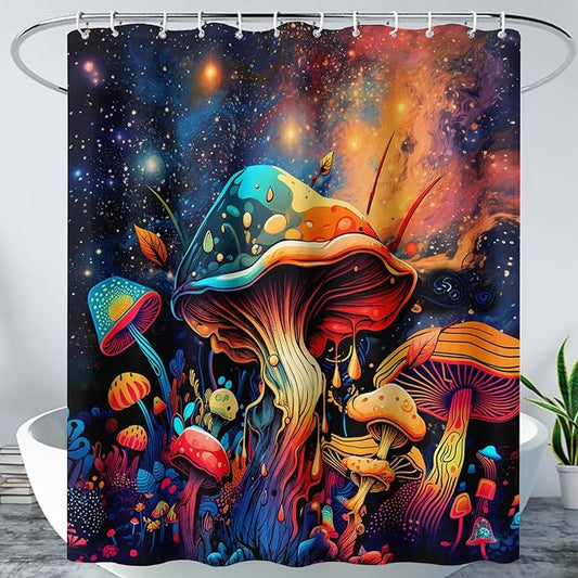 AILONEN Cartoon Magic Mushroom Shower Curtain,Funny Mushroom Waterproof Fabric Shower Curtain Set for Kids Girls,Boho Natural Plants Starry Night Shower Curtain with Hooks for Bathroom, 72" W*96" H