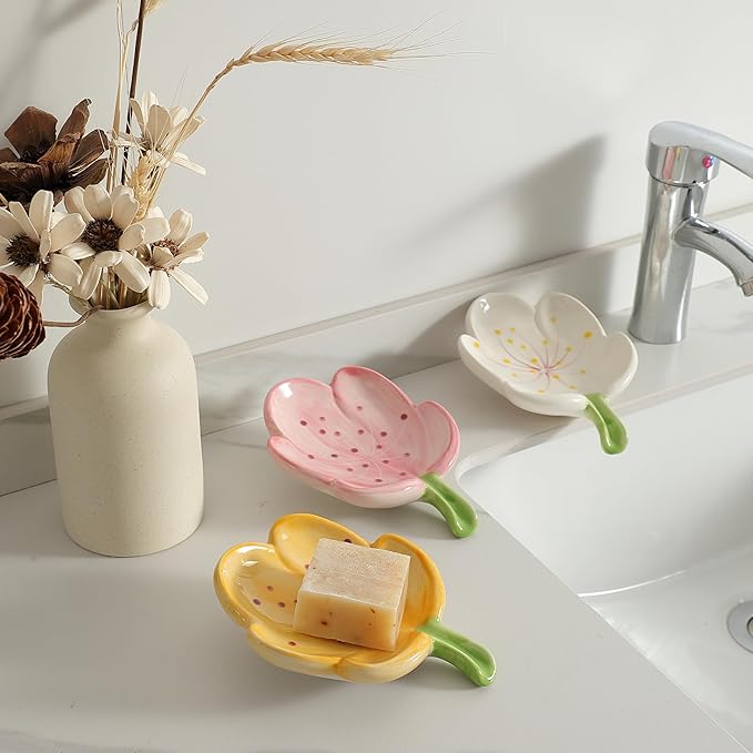 Ankah Decorative Ceramic Soap Box, Flower Shape Soap Dish, Self-Draining to Keep Dry Stop Mushy Soap Holder, Easy Cleaning, Best for Shower Bathroom and Kitchen (Tulip, Yellow)