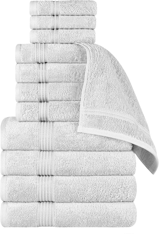 Superior Egyptian Cotton 12-Piece Towel Set, Assorted Towels for Home Bathroom, Guest Bath Decor Essentials, Includes 4 Bath, 4 Hand, 4 Face Towels/Washcloths, Quick Dry, Absorbent - Silver