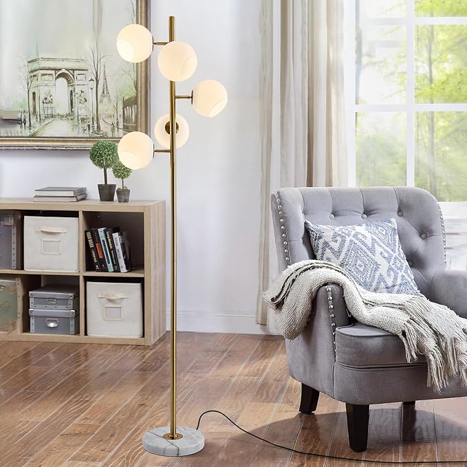 KCO Mid Century Modern Gold Floor Lamp 5 Globe Contemporary Brass Tall Free Standing Reading Lamp with White Glass Lampshade for Office Bedroom