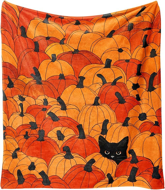 Fall Thanksgiving Blankets,Cat Orange Pumpkin Maple Leaf Farmhouse Blanket Throw, Flannel Fleece Throw Blanket for Home Living Room Couch Bed Chair or Dorm Decor 60"x50"