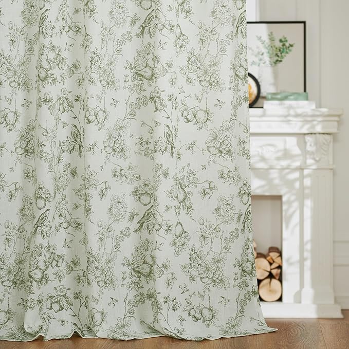 jinchan Linen Floral Curtains for Living Room 96 Inch Long Sage Green Printed Flower French Country Curtain Farmhouse Cottage Core Toile Curtains Back Tab Light Filtering Window Drapes Set 2 Panels