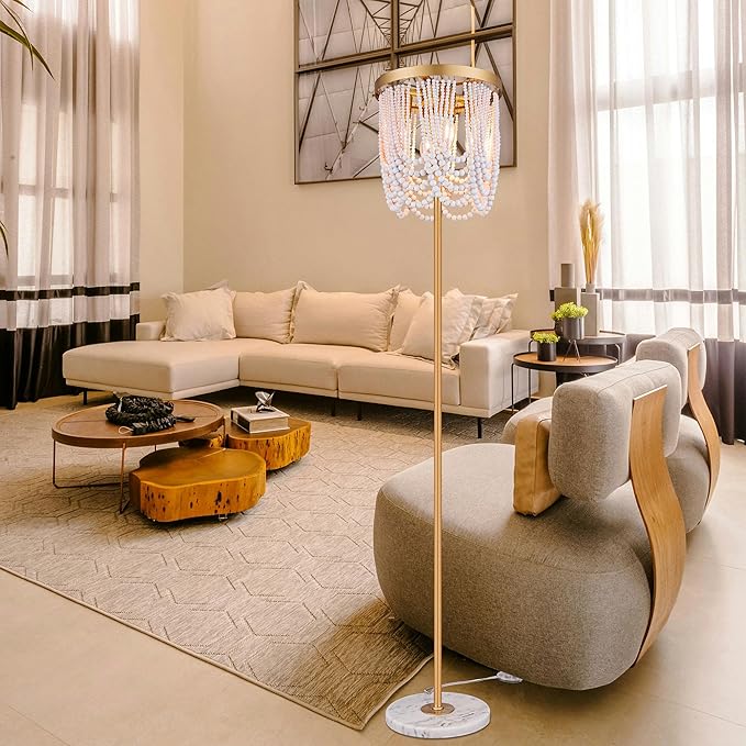 Wellmet Gold Floor Lamp With White Wood Beads for Living Room, Bedroom - Unique Round Decorative Lighting Fixture 60'' for Sofa, Bedside, Corner - DS-FL016