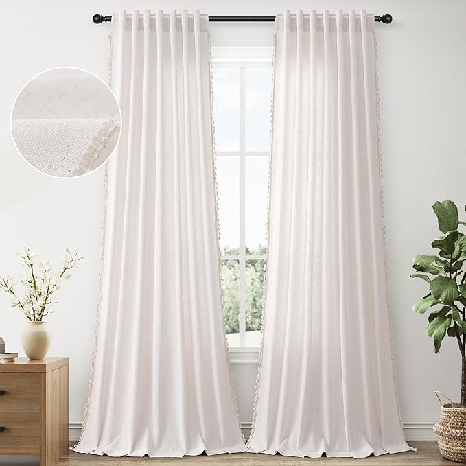 Cream Beige Boho Linen Curtains 96 Inches Long 2 Panels Semi Sheer Curtains Tassel Rod Pocket Back Tab Top Light Filtering Neutral Farmhouse Curtain for Living Room Bedroom 52x96
