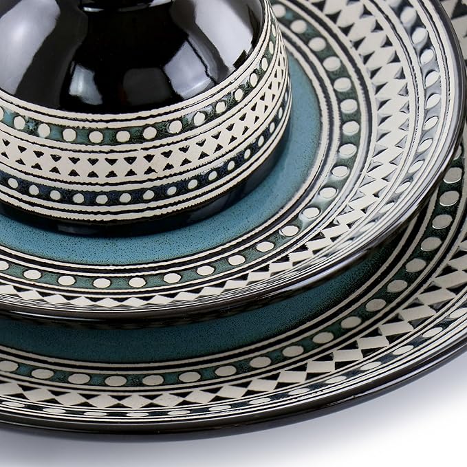 Elama Blue Sage 16 Piece Double Bowl Stoneware Dinnerware Set in Blue