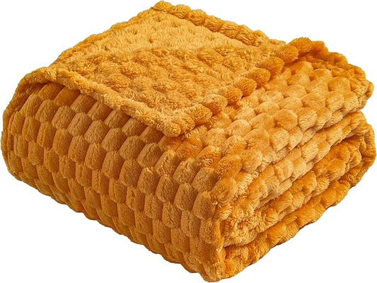 Vessia Flannel Fleece Throw Blanket(50x70 inch), 3D Jacquard Yellow Fuzzy and Warm Blanket for Couch,Sofa,Bed,Chair, 300GSM Super Soft Touch Cozy Lightweight Mustard Throw for All-Season Home Decor