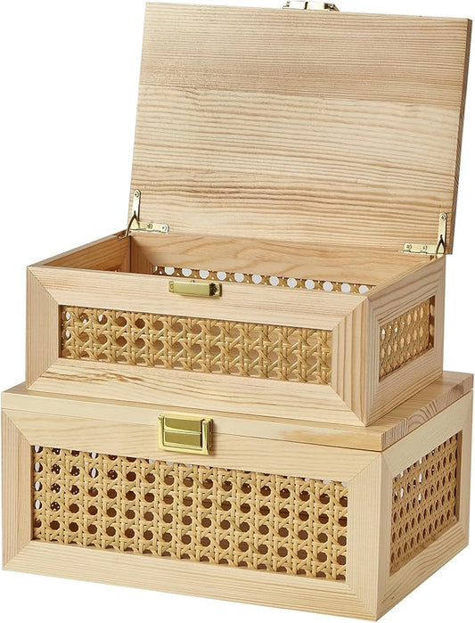 2PCS Decorative Rattan Storage Boxes Solid Wood Baskets Bins with Lid Keepsake Memory Jewelry Box Natural Boho Shelf Wicker Closet Desk Organizer Container (Light Wood, 1 Large 1 Small)
