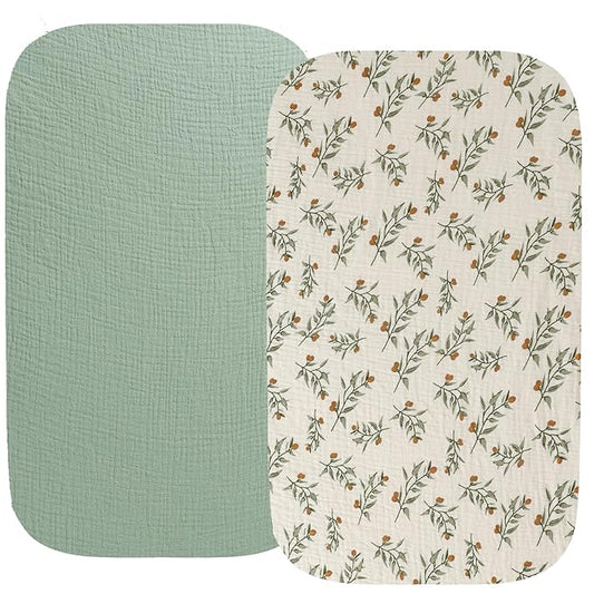 Muslin Bassinet Sheet Compatible with RONBEI Bassinet Bedside Sleeper, Cuddor, QUTANIX, BUBAVAN Bassinet Bedside, 2 Pack Cotton Fitted for Baby Roman Green & Botanical Leaf