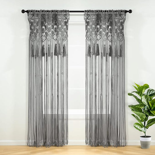 Lush Decor Boho Macrame Tassel Cotton Window Curtain/Room Divider/Wedding Backdrop/Wall Decor, 84" L x 50" W, Gray