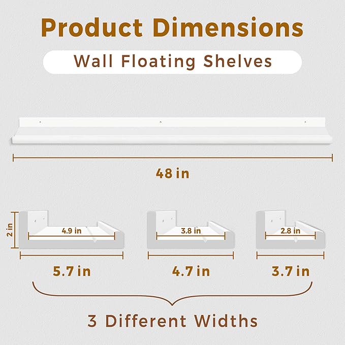 Annecy Floating Shelves Set of 3, 47 Inch White Rustic Wood Shelves for Wall, Wall Storage Shelves with Guardrail Design for Bedroom, Bathroom, Kitchen, Office, 3 Different Sizes