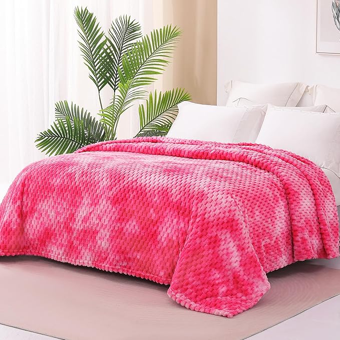 Exclusivo Mezcla Twin Size Soft Fleece Blanket, 60x80 Inches Stylish Jacquard Velvet Blanket for Bed, Fuzzy Cozy Lightweight for All Season, Tie-dye Hot Pink