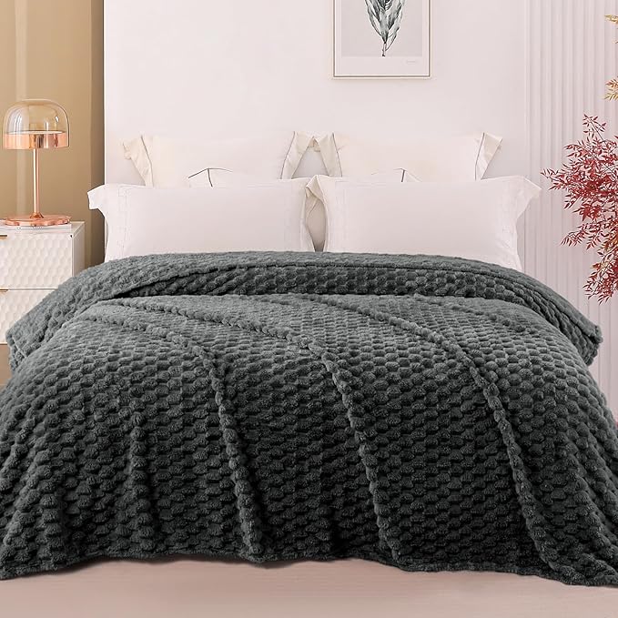 Exclusivo Mezcla Queen Size Soft Fleece Blanket, 90x90 Inches Stylish Jacquard Velvet Blanket for Bed, Fuzzy Cozy Lightweight for All Season, Grey
