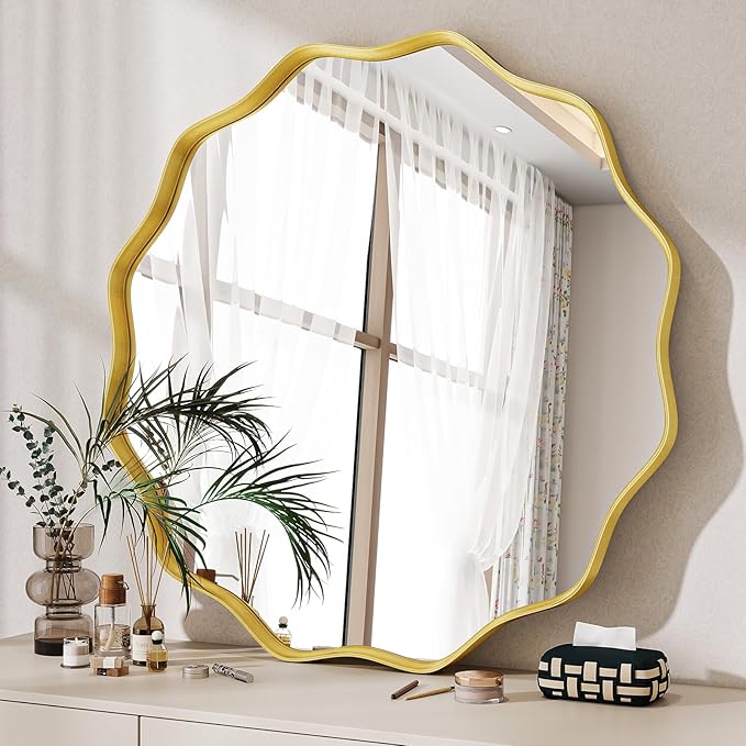 Round Wavy Mirror, 24 Inch Metal Frame Circle Mirror, Round Wall Mounted for Entryway, Bathroom, Vanity, Living Room, Gold