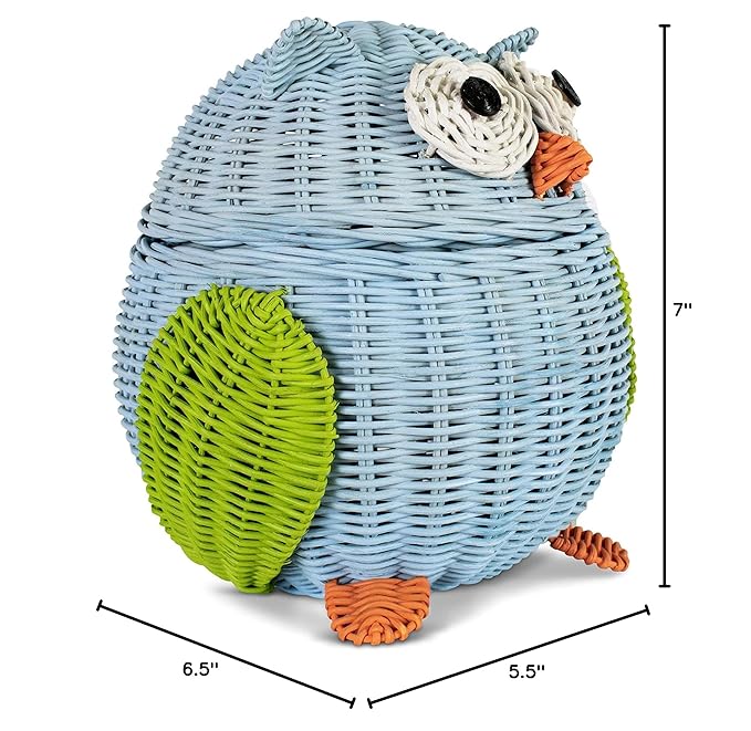 Owl Rattan Storage Basket With Lid Decorative Home Decor Hand Woven Shelf Organizer Cute Handmade Handcrafted Gift Art Decoration Artwork Wicker Hoot Owl (Small, Blue)