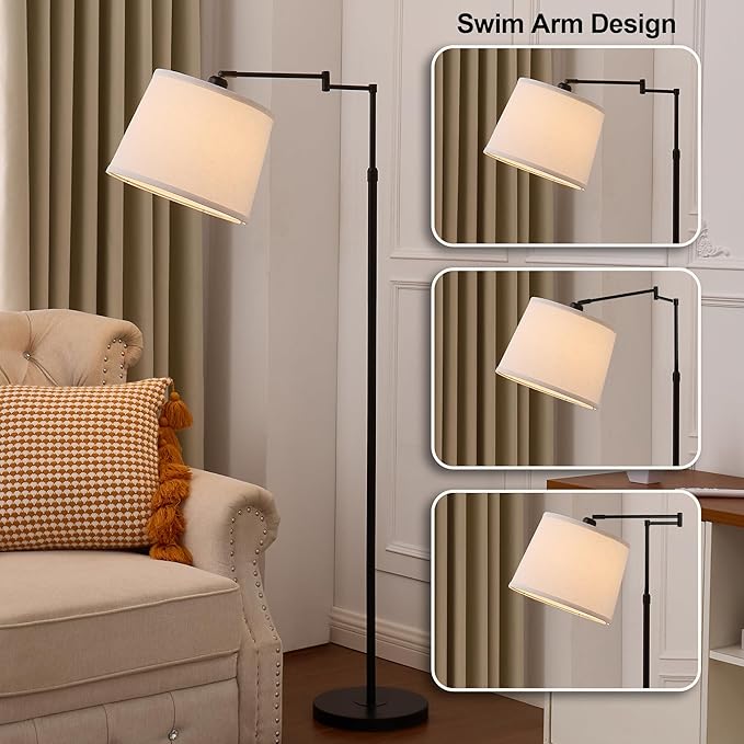55"-65.5" Adjustable Floor Lamp for Living Room, Black Swing Arm Floor Lamps for Home, Modern Standing Lamp, Tall Black Floor Lamp for Reading, Home Office, Nursery, Bedroom