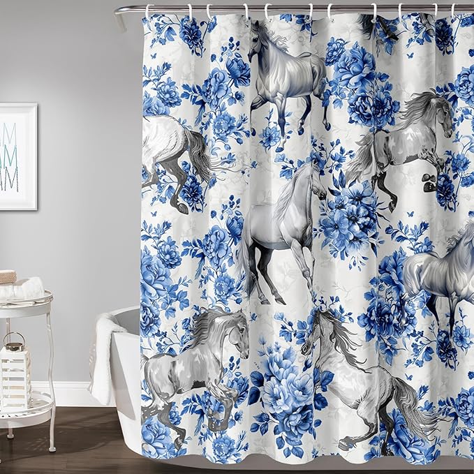 AILONEN Blue Floral Horse Shower Curtain,Farm Animal Printed Galloping Horse Bath Curtain,Minimalist Flower Girls Women Bathroom Curtain Decor, 72" W x 96" H