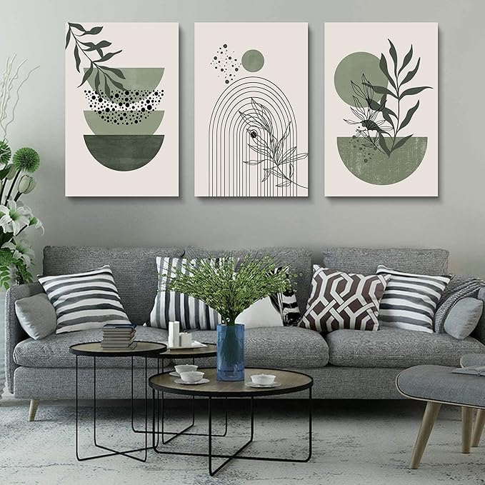 Sage Green Wall Posters & Prints, Green Boho Wall Art Set of 3, Minimalist Framed Wall Art Geometric Line Leaf Sun Moon Beige Green Canvas Artwork Paintings