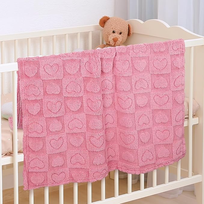 Plush Soft with Heart Checkered Baby Blanket,Fleece Infant Toddler Blankets for Girls Boys,Warm Lightweight Breathable Newborn Receiving Blankets for Crib Stroller 32"×37" (deep Pink, Heart)
