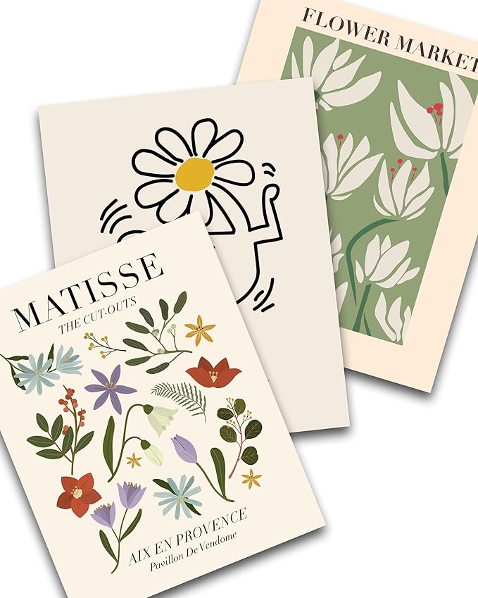 Abstract Matisse Wall Art Decor,Unframed Flower Market Print Posters Set of 3,12x16in Green Quality Canvas Paintings for Home Decoration in Bathroom,Living Room,Bedroom