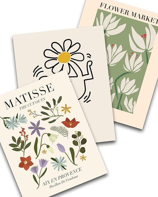 Abstract Matisse Wall Art Decor,Unframed Flower Market Print Posters Set of 3,12x16in Green Quality Canvas Paintings for Home Decoration in Bathroom,Living Room,Bedroom
