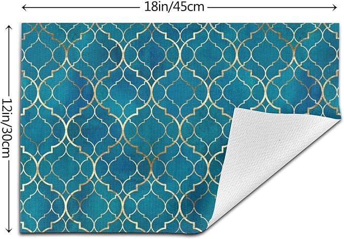 Blue Teal and Gold Modern Placemats Set of 4, Retro Table Mats Washable Heat Resistant Non-Slip for Kitchen Dinner Holiday Party Farmhouse Home Decor, Linen 12"x18"