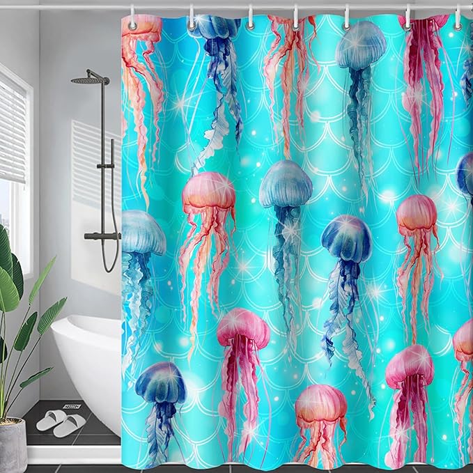 AILONEN Jellyfish Shower Curtain for Bathroom, Ocean Mermaid Scale Printed Bath Curtain,Modern Minimalist Blue Waterproof Fabric Shower Curtain Set with Hooks 36" W*72" H