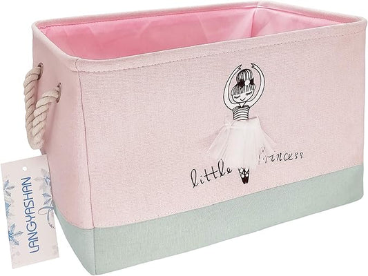LANGYASHAN Rectangular Storage Bin Collapse Canvas Fabric Cartoon Storage Basket with Handles for Organizing Home Kitchen Boys and Girls Toys Office Closet Shelf Baskets (Girl)