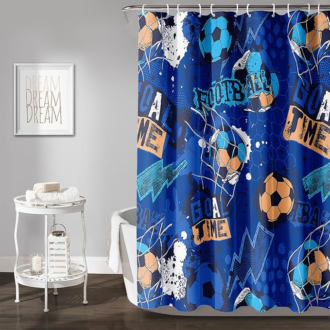 AILONEN Boys Sports Shower Curtain 72" W*78" H Soccer Bath Curtain Football Soccer Ball Printed Shower Curtain Boys Kids Teen Bathroom Curtain Decor Polyester Waterproof Curtain with 12 Hooks