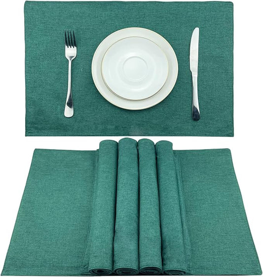 Weabetfu Cloth Placemats Set of 4 Heat Resistant Dining Table Placemmats Cotton Linen Machine Washable Kitchen Table Mats Wrinkle Free Thick Fabric Place Mat,Easy to Clean,13"x19",Green