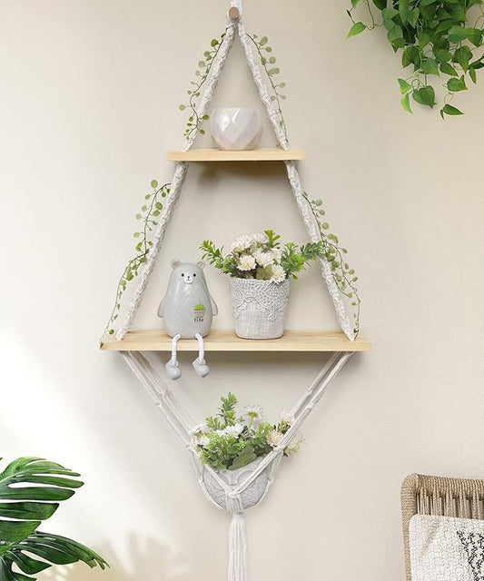 Afuly Hanging Shelves 2 Tiers Macrame Floating Shelf Wall Mounted, Boho Shelf Rack with Pine Wood Handmade Woven Rope for Bathroom Bedroom Living Room Plants Storage Home Decor, with Basket