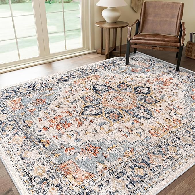 Area Rugs for Living Room - 9x12 Area Rugs, Machine Washable Rugs 9x12, Non-Slip, Stain Resistant Soft Boho Vintage Large Carpet Low Pile Thin Rugs for Living Room Bedroom
