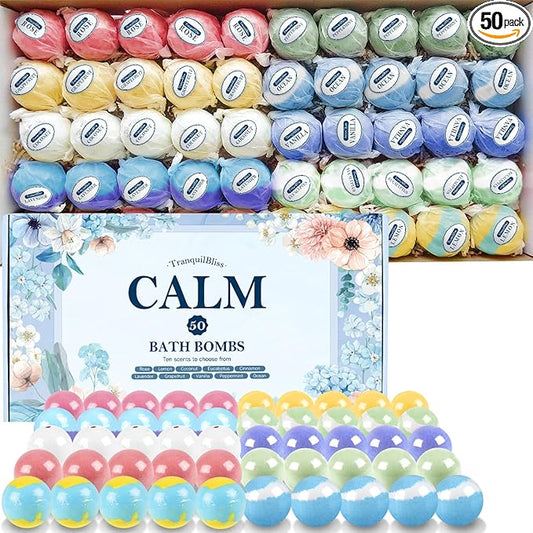 Bath Bombs Set 50 PCS with 10 Rich Scents, Bath Bombs for Women, Natural Bubble Bombs with Shea Butter & Safe Oil, Ideal for Christmas, Birthday, Valentine's Day, Mother's Day Present