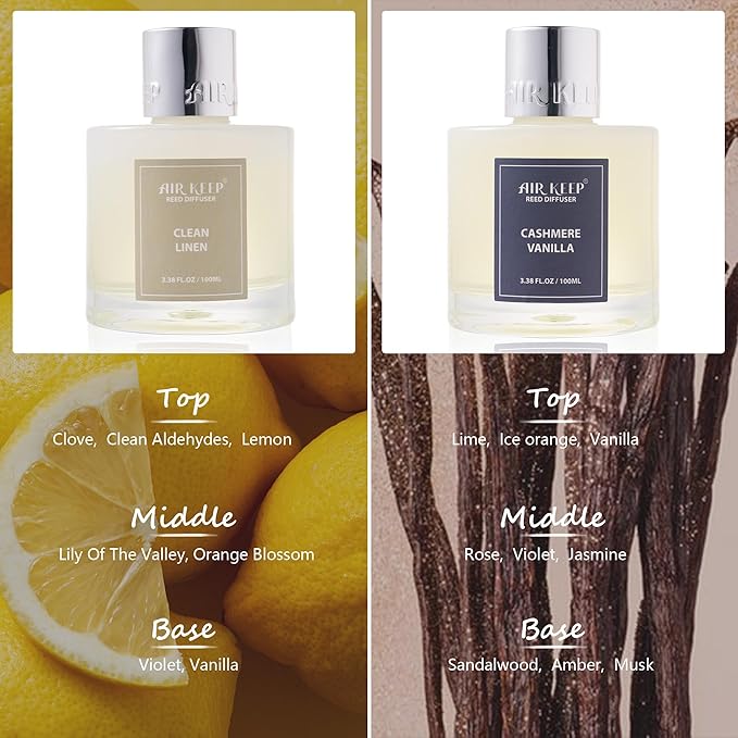 Airkeep Reed Diffuser 3.38 oz (100ml) 2pk,Clean Linen/Cashmere Vanilla Scented Reed Diffuser Set,Reed Diffuser & Oil Diffuser Sticks, Aromatherapy, Home & Kitchen Décor,Fragrance and Gifts