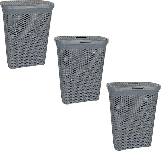 YBM Home Plastic Rattan Laundry Hamper Basket with Hinged Lid, Ventilation Holes, Durable, Lightweight Bin With Cutout Handles, Storage Dirty Clothes, Space Saver, 10.5" x 17.5" x 23.75", Grey, 3-Pack