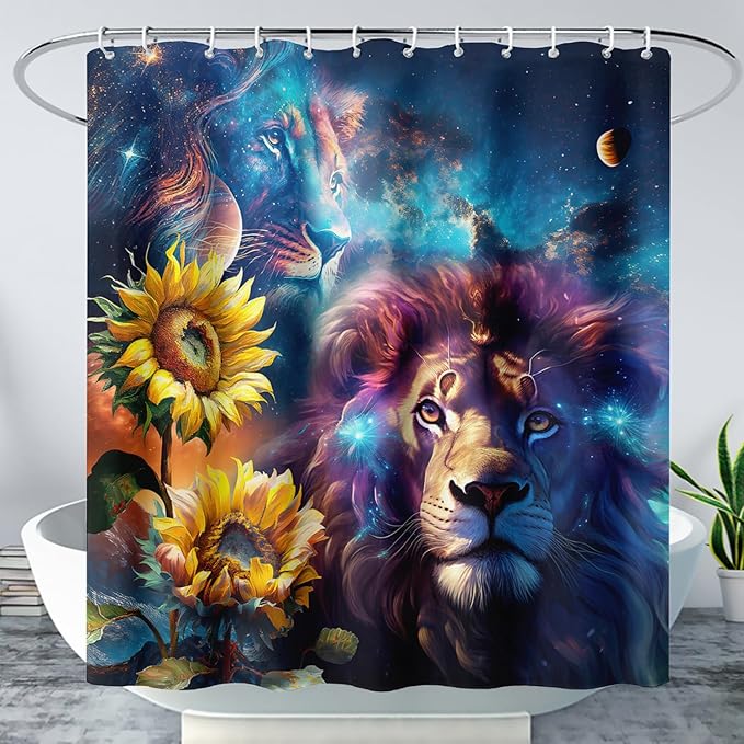 AILONEN Lion Shower Curtain for Kids Boys Teens,Galaxy Sunflower Lion Bath Curtain for Bathroom Decor,Modern Romantic Polyester Waterproof with 12 Plastic Hooks 60" W*72" H