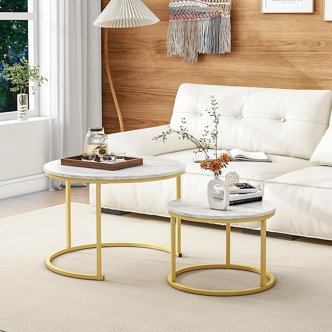 Round Coffee Table Set of 2 End Tables for Living Room,Circular and Marble Nesting Coffee Table Wooden Accent Furniture with Golden Metal Frame,Stacking Side Tables,White