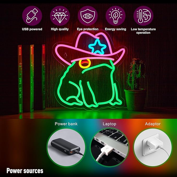 Cowboy Toad Neon Sign Frog Neon Light Cowboy LED USB Powered Dimmable Art Signs for Pub Store Man Cave Room 13.8 X 12.6 inch