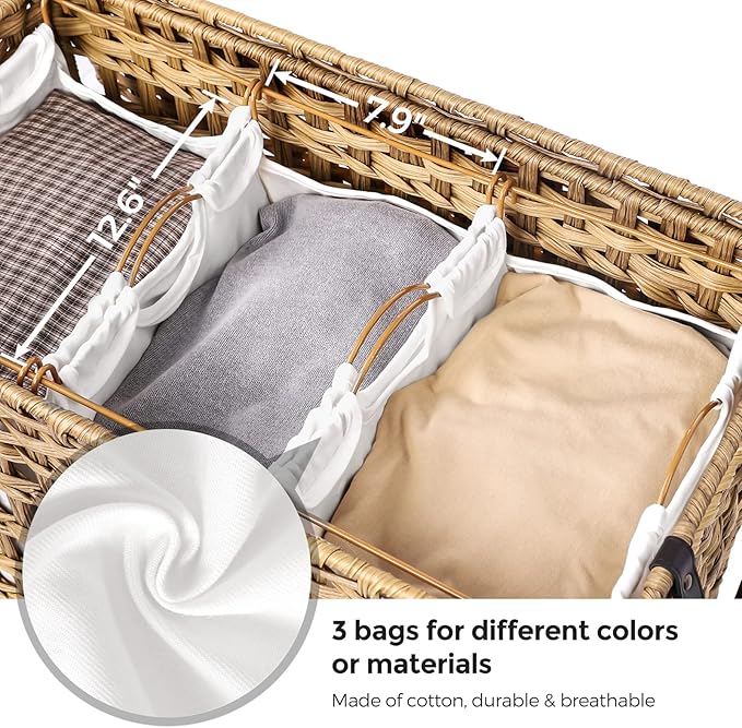 SONGMICS Laundry Hamper with Lid, 140L Synthetic Rattan Laundry Basket with Wheels, Clothes Hamper with 3 Removable Liner Bags, 3-Section Hampers with Handles, Laundry Room, Natural ULCB083N01